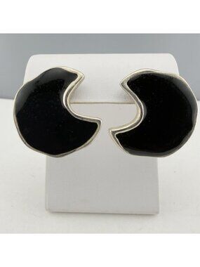 Vintage Don Lin Black Enamel Earrings Modernist Abstract Silver Tone Signed